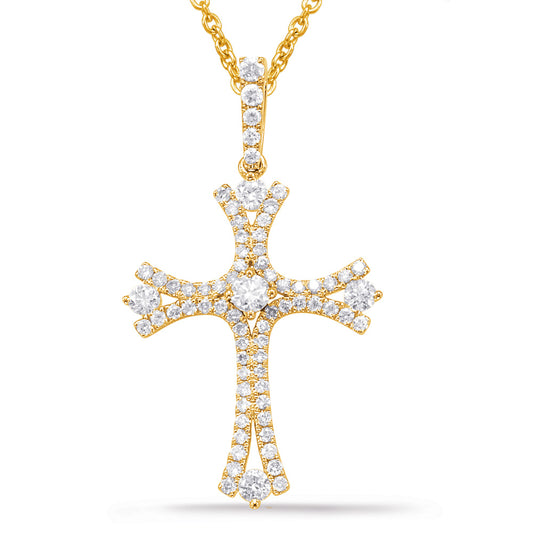 This Pendant is available in 14K Yellow Gold. There are a total of 72 stones. There are Rounds with a total carat weight of 0.64 set in a Micro Prong|Prong Set setting.