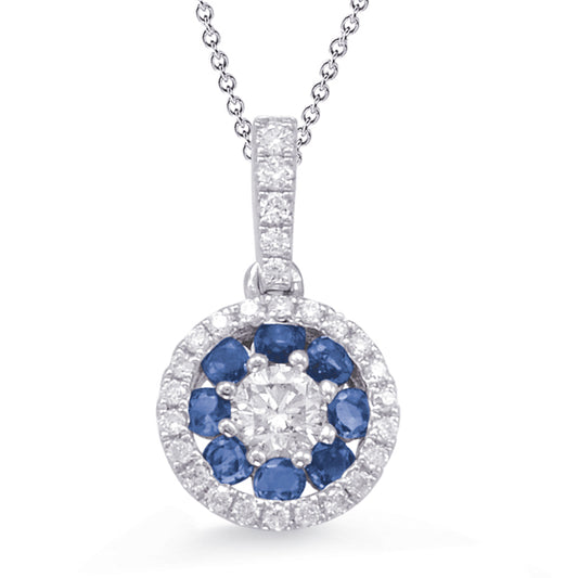 This Pendant is available in 14K White Gold. There are a total of 36 stones. There are Rounds with a total carat weight of 0.28 set in a Channel Set|Micro Prong|Prong Set setting.There are Sapphire stones with a total carat weight of 0.26 set in a Channel Set|Micro Prong|Prong Set.