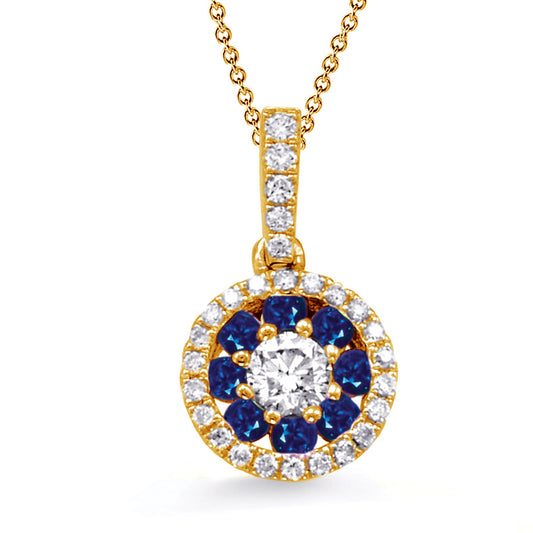 This Pendant is available in 14K Yellow Gold. There are a total of 36 stones. There are Rounds with a total carat weight of 0.28 set in a Channel Set|Micro Prong|Prong Set setting.There are Sapphire stones with a total carat weight of 0.26 set in a Channel Set|Micro Prong|Prong Set.