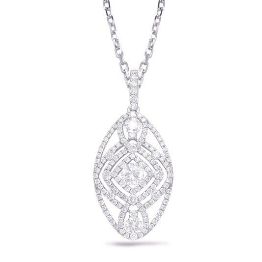 This Pendant is available in 14K White Gold. There are a total of 139 stones. There are Rounds with a total carat weight of 0.85 set in a Channel Set|Micro Prong setting.