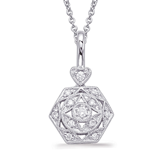 This Pendant is available in 14K White Gold. There are a total of 12 stones. There are Rounds with a total carat weight of 0.12 set in a Micro Prong setting.