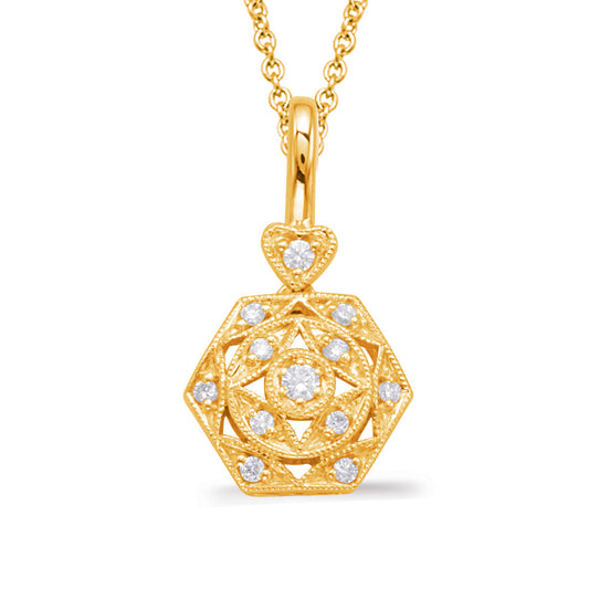 This Pendant is available in 14K Yellow Gold. There are a total of 12 stones. There are Rounds with a total carat weight of 0.12 set in a Micro Prong setting.