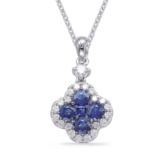This Pendant is available in 14K White Gold. There are a total of 26 stones. There are Rounds with a total carat weight of 0.26 set in a Channel Set|Micro Prong|Prong Set setting.There are Sapphire stones with a total carat weight of 0.97 set in a Channel Set|Micro Prong|Prong Set.