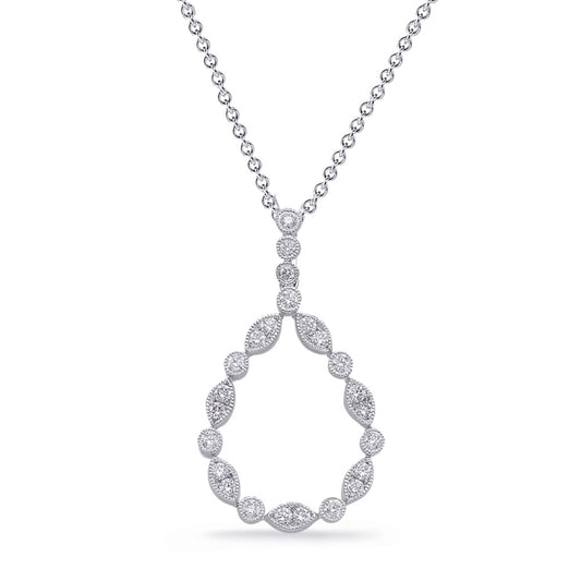 This Pendant is available in 14K White Gold. There are a total of 24 stones. There are Rounds with a total carat weight of 0.45 set in a Bezel Set|Micro Prong setting.