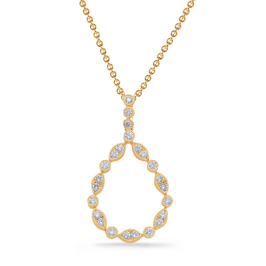 This Pendant is available in 14K Yellow Gold. There are a total of 24 stones. There are Rounds with a total carat weight of 0.45 set in a Bezel Set|Micro Prong setting.