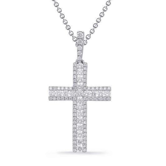 This Pendant is available in 14K White Gold. There are a total of 92 stones. There are Rounds with a total carat weight of 0.63 set in a Channel Set|Micro Prong|Prong Set setting.