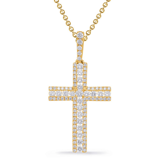 This Pendant is available in 14K Yellow Gold. There are a total of 92 stones. There are Rounds with a total carat weight of 0.63 set in a Channel Set|Micro Prong|Prong Set setting.