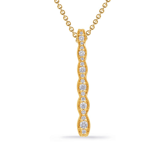This Pendant is available in 14K Yellow Gold. There are a total of 18 stones. There are Rounds with a total carat weight of 0.17 set in a Prong Set|Shared Prongs setting.