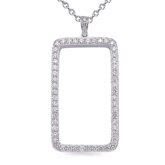 This Pendant is available in 14K White Gold. There are a total of 56 stones. There are Rounds with a total carat weight of 1.36 set in a Micro Prong setting.