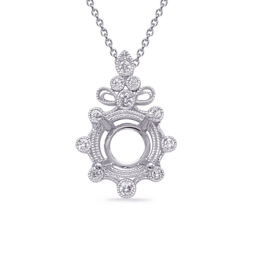 This Pendant is available in 14K White Gold. There are a total of 11 stones. There are Rounds with a total carat weight of 0.06 set in a Bezel Set setting.