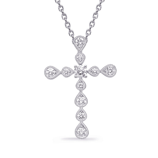 This Pendant is available in 14K White Gold. There are a total of 11 stones. There are Rounds with a total carat weight of 0.63 set in a Micro Prong setting.