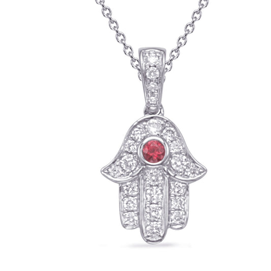 This Pendant is available in 14K White Gold. There are a total of 24 stones. There are Rounds with a total carat weight of 0.19 set in a Bezel Set|Micro Prong setting.There are Ruby stones with a total carat weight of 0.04 set in a Bezel Set|Micro Prong.