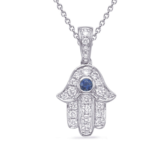 This Pendant is available in 14K White Gold. There are a total of 24 stones. There are Rounds with a total carat weight of 0.19 set in a Bezel Set|Micro Prong setting.There are Sapphire stones with a total carat weight of 0.04 set in a Bezel Set|Micro Prong.