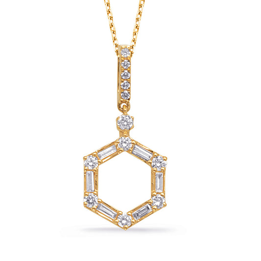 This Pendant is available in 14K Yellow Gold. There are a total of 18 stones. There are Baguette with a total carat weight of 0.12 set in a Prong Set setting.There are Rounds stones with a total carat weight of 0.26 set in a Prong Set.