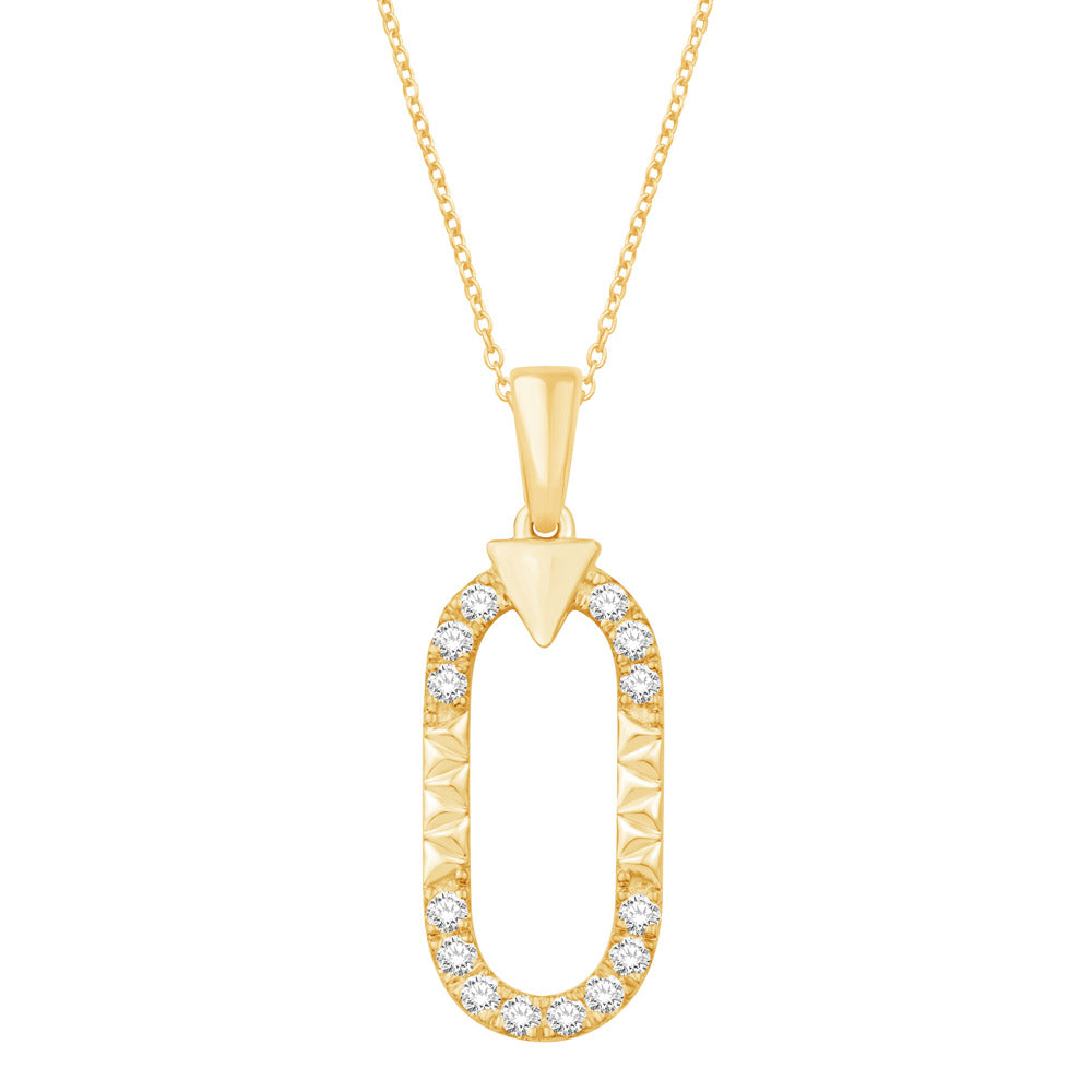 This Pendant is available in 14K Yellow Gold. There are a total of 14 stones. There are Rounds with a total carat weight of 0.23 set in a setting.