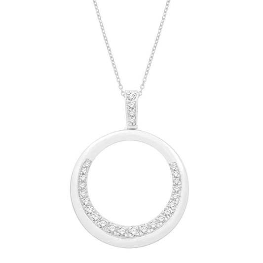 This Pendant is available in 14K White Gold. There are a total of 26 stones. There are Rounds with a total carat weight of 0.28 set in a Micro Prong|Prong Set setting.