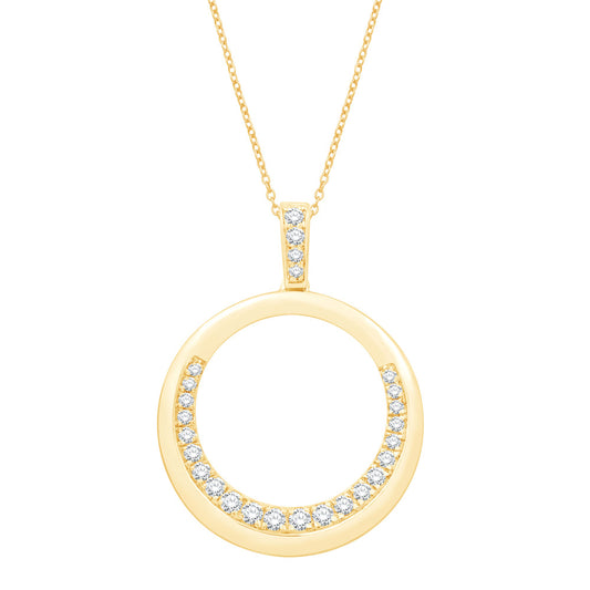 This Pendant is available in 14K Yellow Gold. There are a total of 26 stones. There are Rounds with a total carat weight of 0.28 set in a Micro Prong|Prong Set setting.
