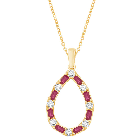This Pendant is available in 14K Yellow Gold. There are a total of 16 stones. There are Rounds with a total carat weight of 0.37 set in a Prong Set|Shared Prongs setting.There are Ruby stones with a total carat weight of 0.56 set in a Prong Set|Shared Prongs.