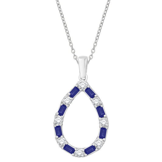 This Pendant is available in 14K White Gold. There are a total of 16 stones. There are Rounds with a total carat weight of 0.37 set in a Prong Set|Shared Prongs setting.There are Sapphire stones with a total carat weight of 0.57 set in a Prong Set|Shared Prongs.