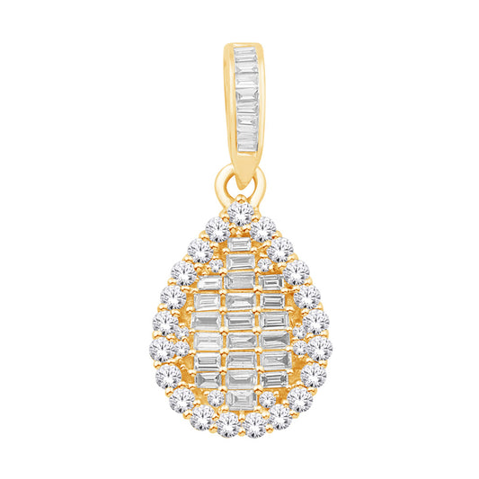 This Pendant is available in 14K Yellow Gold. There are a total of 59 stones. There are Baguette with a total carat weight of 0.24 set in a Micro Prong|Prong Set setting.There are Rounds stones with a total carat weight of 0.31 set in a Micro Prong|Prong Set.