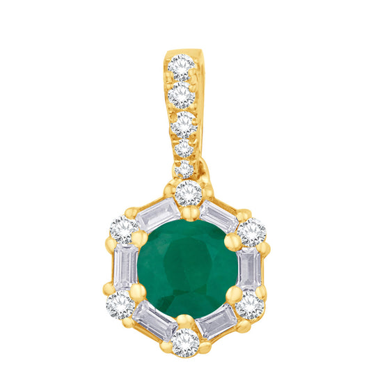This Pendant is available in 14K Yellow Gold. There are a total of 18 stones. There are Baguette with a total carat weight of 0.12 set in a Prong Set|Shared Prongs setting.There are Emerald stones with a total carat weight of 0.42 set in a Prong Set|Shared Prongs.