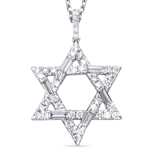 This Pendant is available in 14K White Gold. There are a total of 47 stones. There are Baguette with a total carat weight of 0.23 set in a Channel Set|Micro Prong setting.There are Rounds stones with a total carat weight of 0.4 set in a Channel Set|Micro Prong.