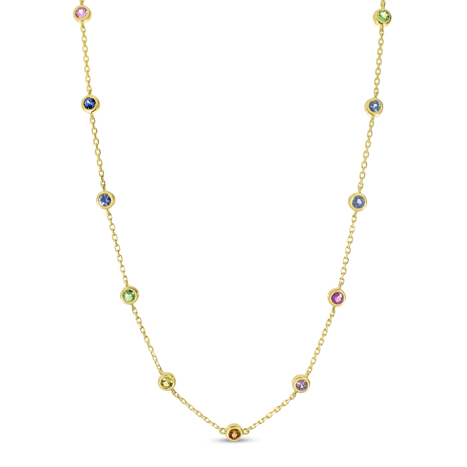 14K Yellow Gold Bezel Set Rainbow Sapphires Necklace P4548-18
