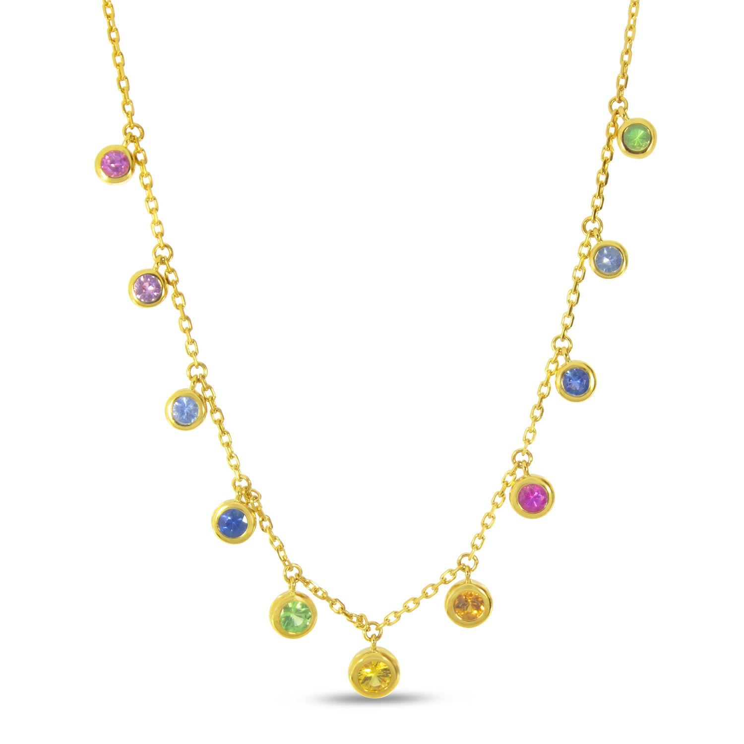 14K Yellow Gold Bezel Set Dangling Rainbow Sapphires Necklace P4549-18