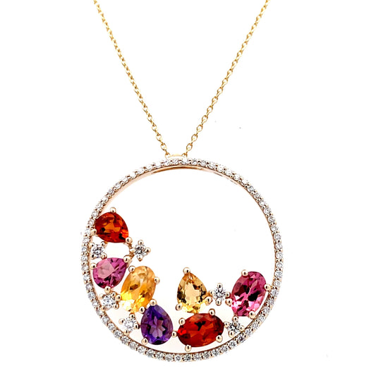 Multi-Color Gemstone Circle Pendant with Diamond Accents PJ-PE19129/SEMI/14Y/XA