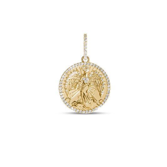 14k Gold and Diamond Guardian Angel Coin Pendant only or on 14k Franco Chain - 30"