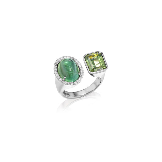 Diamond Halo Two Stone Ring - Green & Light Green Tourmaline