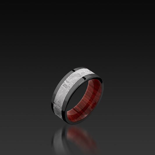 Black Zirconium Flat Band with Meteorite and Hardwood