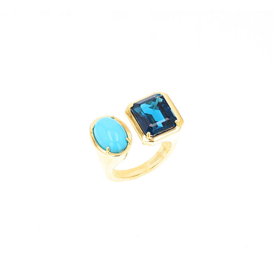 14k Yellow Gold Two Stone Turquoise and London Blue Topaz Ring - One of a Kind