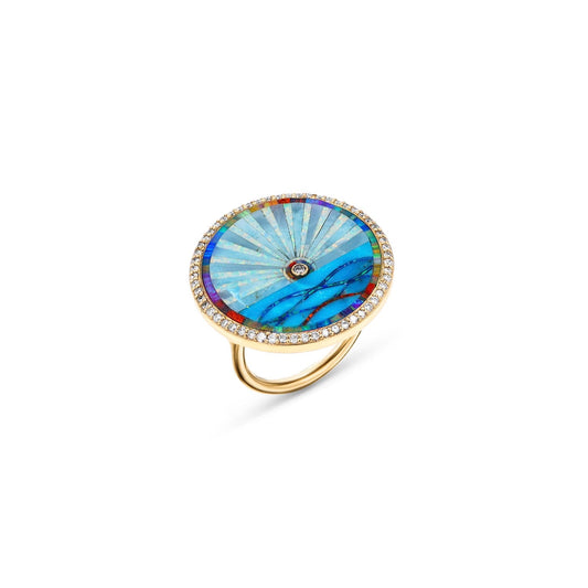 14k Opal and Turquoise Inlay Sunset with Diamond Bezel Ring