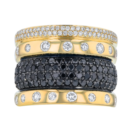 14K Yellow Gold 1.75 carat Black and White Diamonds Wide Multi-Band Ring