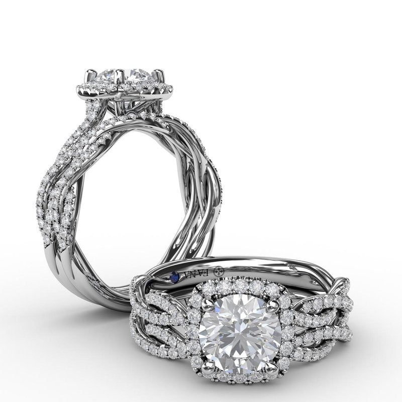 Classic Cushion Diamond Halo Engagement Ring With Cathedral Twist Diamond Band S3109 - TBird