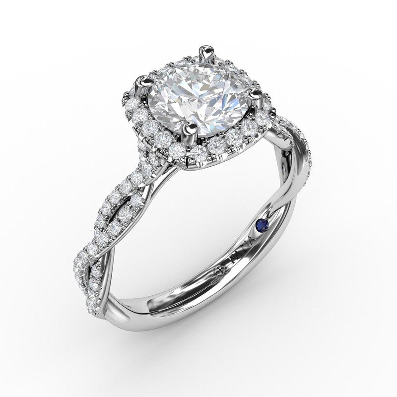 Classic Cushion Diamond Halo Engagement Ring With Cathedral Twist Diamond Band S3109 - TBird