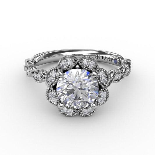 Round Diamond Engagement Ring With Floral Halo and Milgrain Details S3214 - TBird