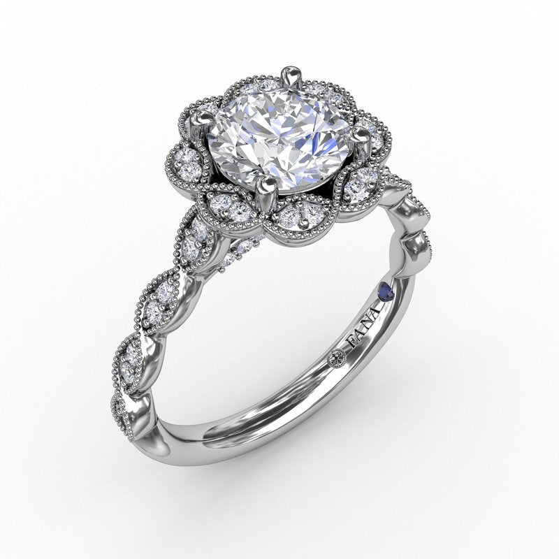 Round Diamond Engagement Ring With Floral Halo and Milgrain Details S3214 - TBird