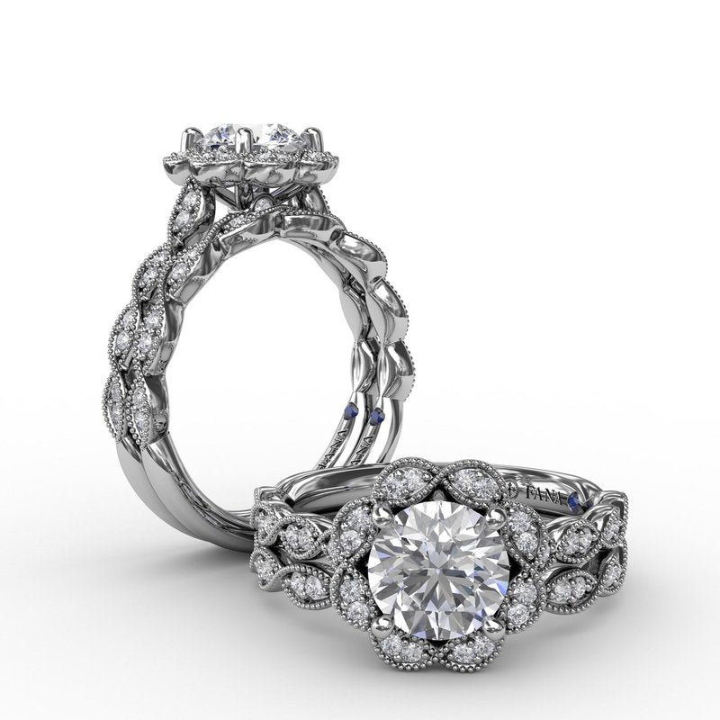 Round Diamond Engagement Ring With Floral Halo and Milgrain Details S3214 - TBird