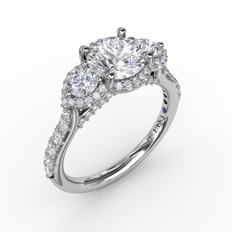 Three-Stone Round Diamond Halo Engagement Ring S3217 - TBird