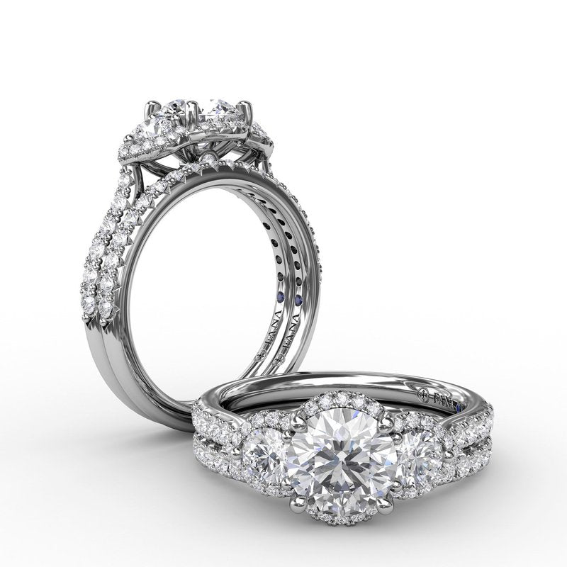 Three-Stone Round Diamond Halo Engagement Ring S3217 - TBird