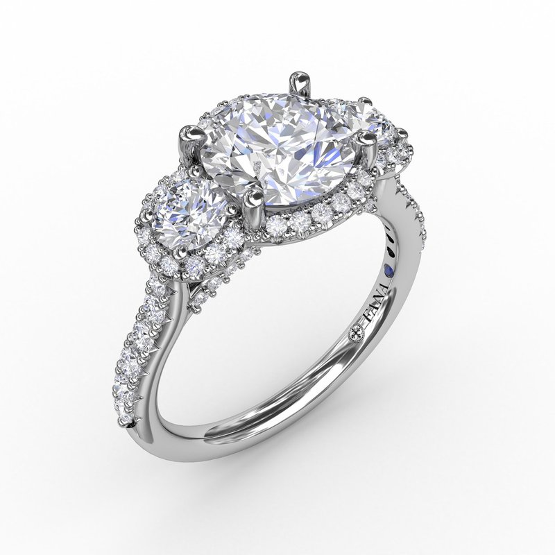 Three-Stone Round Diamond Halo Engagement Ring S3223 - TBird