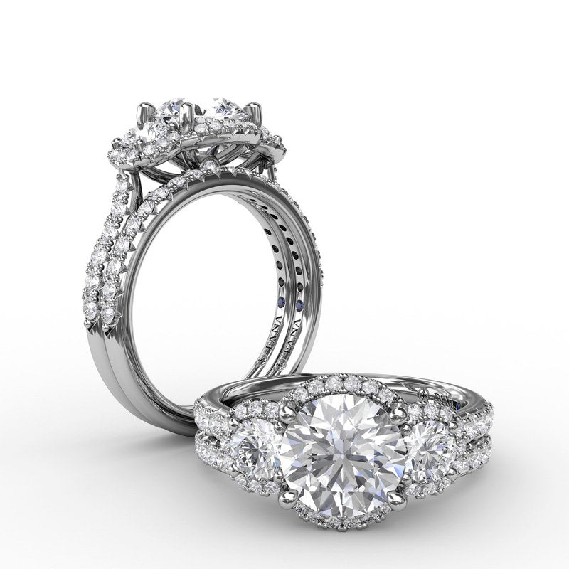 Three-Stone Round Diamond Halo Engagement Ring S3223 - TBird