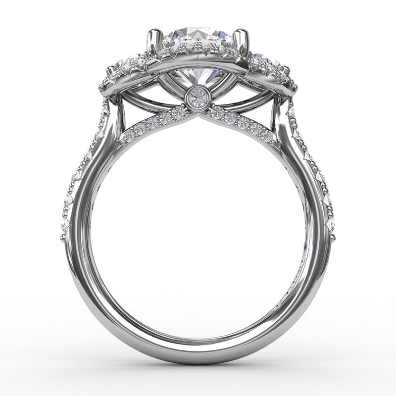 Three-Stone Round Diamond Halo Engagement Ring S3223 - TBird