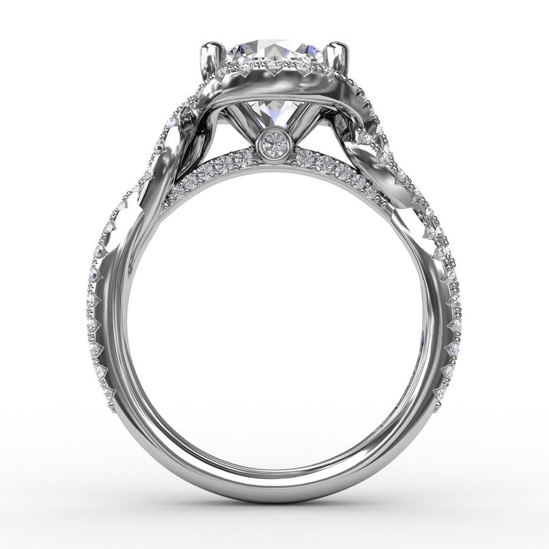 Contemporary Round Diamond Halo Engagement Ring With Twisted Vine Shank S3267 - TBird