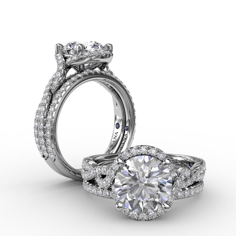 Contemporary Round Diamond Halo Engagement Ring With Twisted Vine Shank S3267 - TBird