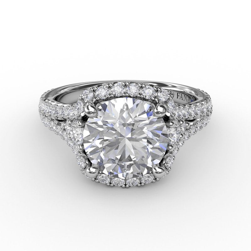 Cushion Halo Engagement Ring With Side Stones and Double-Row Diamond Band S3270 - TBird