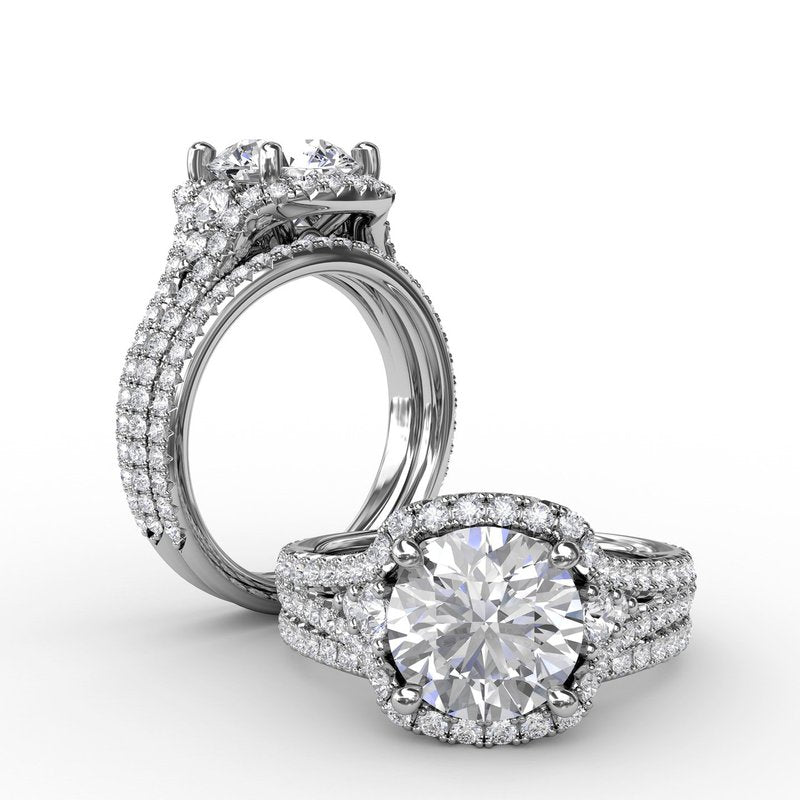 Cushion Halo Engagement Ring With Side Stones and Double-Row Diamond Band S3270 - TBird