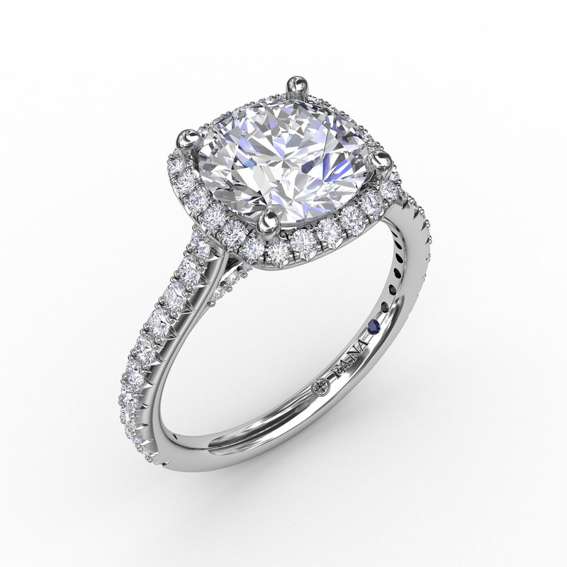 Cushion-Shaped Halo Diamond Engagement Ring with Diamond Band S3274 - TBird